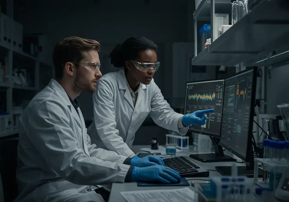 Project based lab analysts review instrument data on dual monitors during a night shift in the research lab.