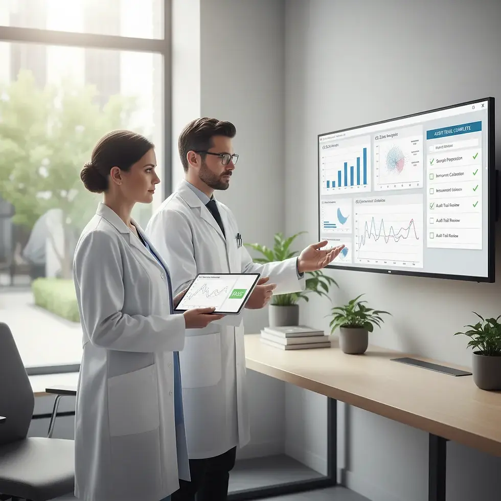 Laboratory information system software analytics review by lab team with KPI charts and audit trail checklist on screen