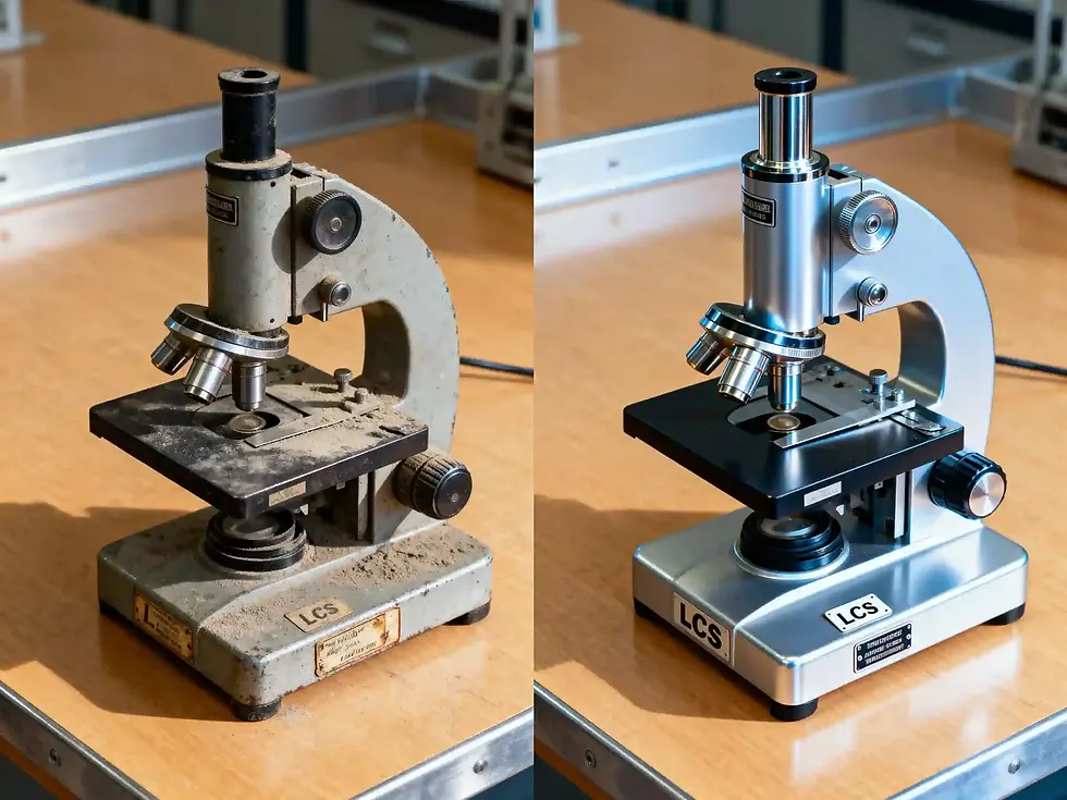Reconditioned microscope before and after lab equipment restoration showing cleaned optics and renewed finish