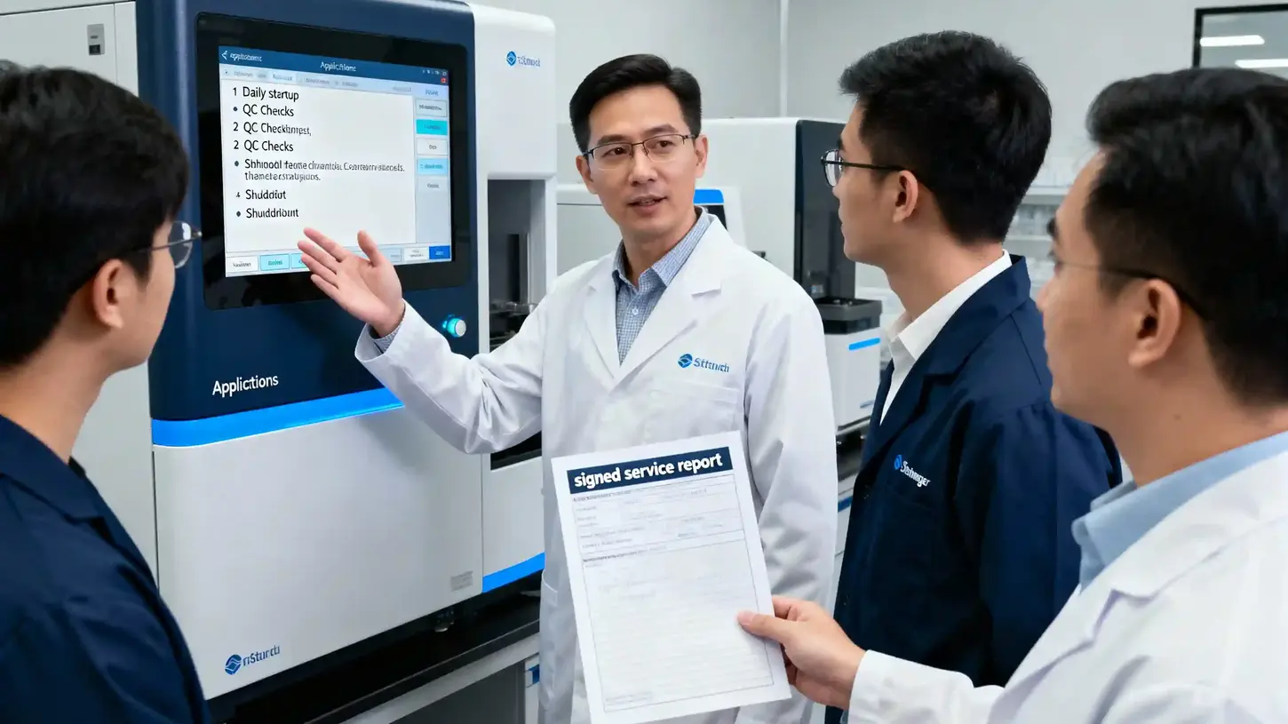 Consultant pointing to analyzer checklist during staff training, technician holding a signed service report, clinical lab in Beverly Glen, California.