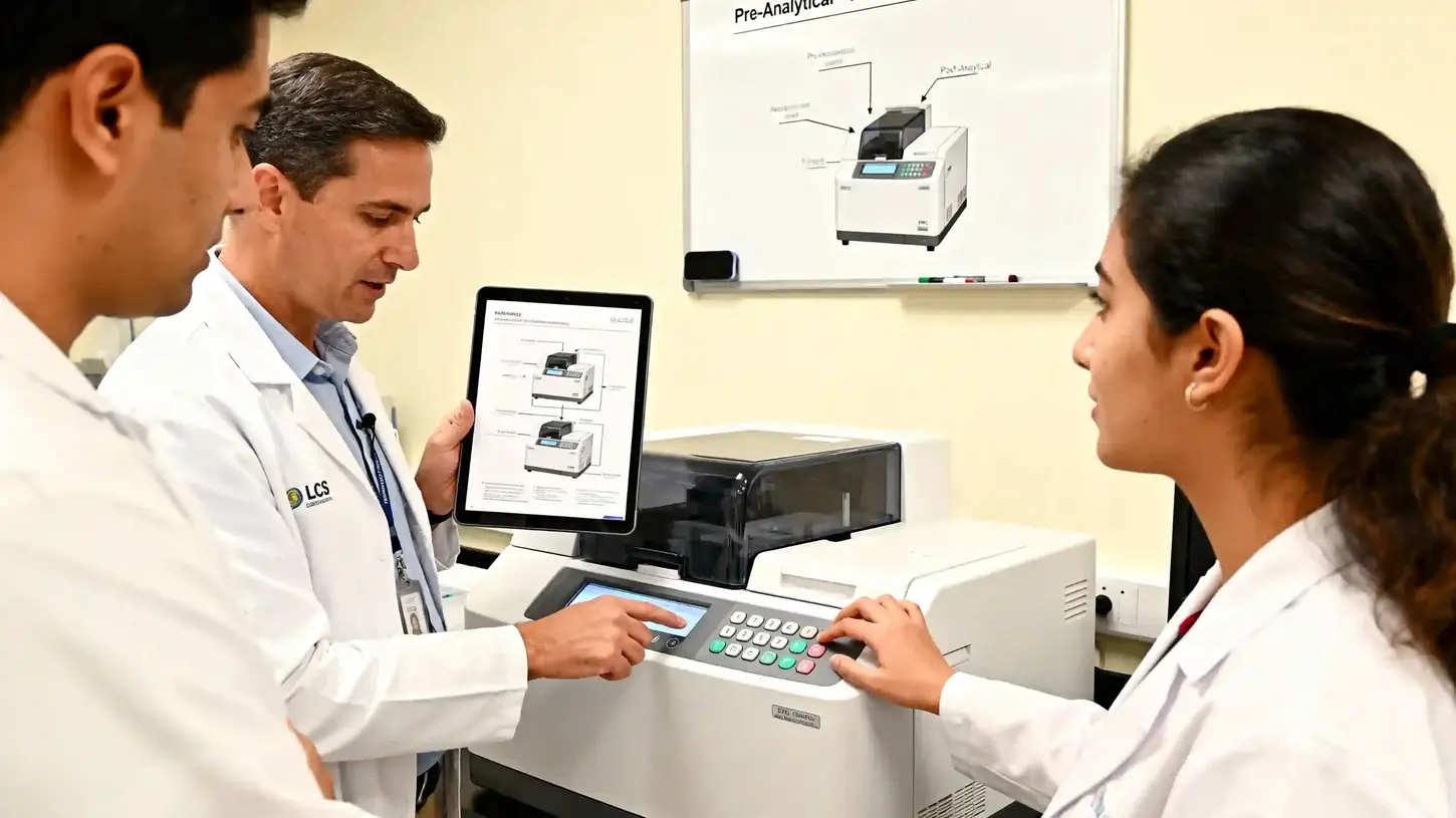 Mentor demonstrates analyzer validation workflow to a lab technologist in Thousand Oaks, California.