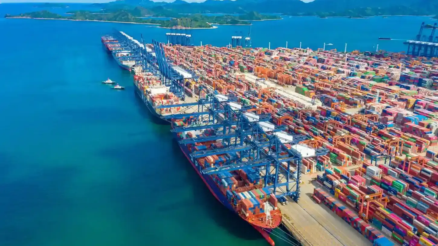 Aerial view of container ships and port near Menlo Park California global freight hub