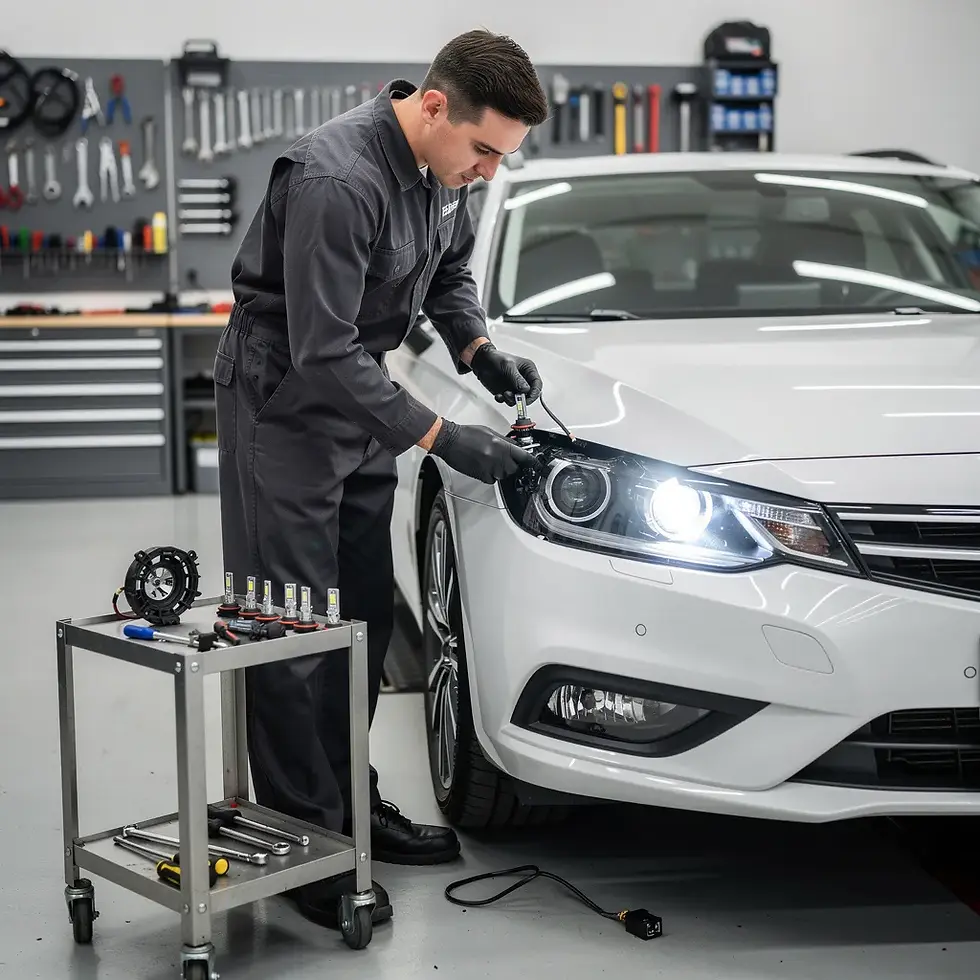 LED & HID Lighting Upgrades service with mechanic installing a new headlight bulb and test