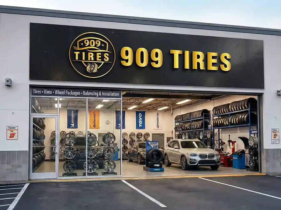 909 Tires storefront, modern tire store with rims display and cars in the service bay in San Bernardino