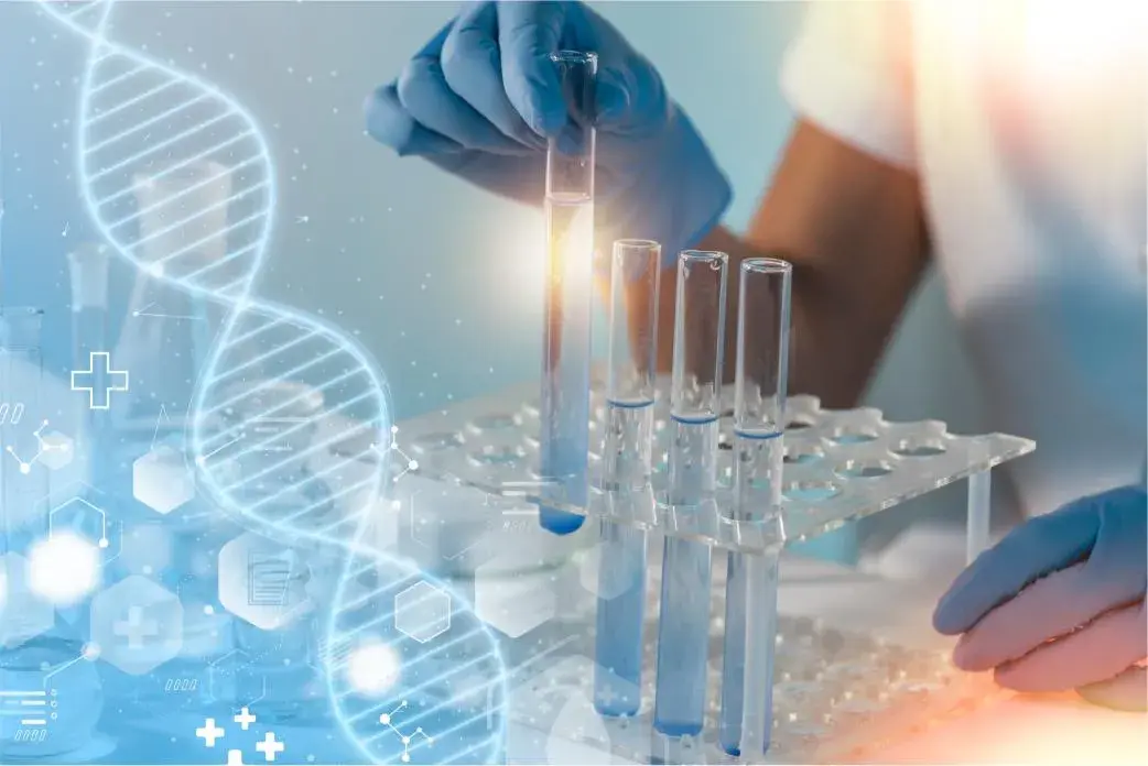 Test tubes with DNA concept showing proficiency testing and quality system planning for a new lab set up in Playa Del Rey, California