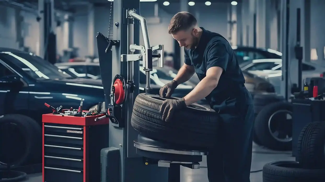 Technician mounting 205 75r14 trailer tire on rim in Woodside California