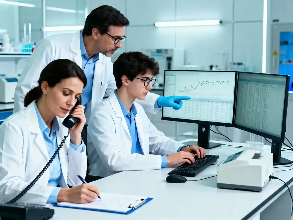 Toxicology lab management team reviewing LIMS dashboards for quality control and turnaround time reporting.