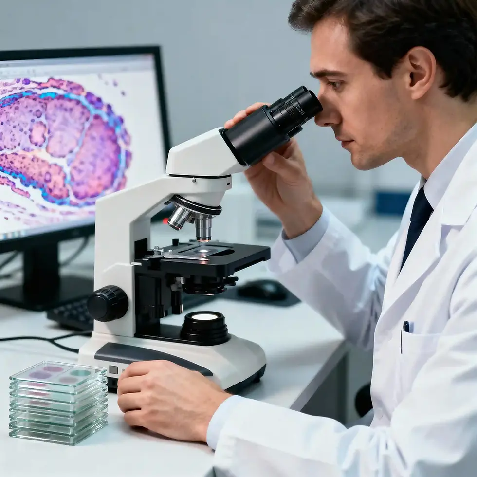 Digital pathology training reviewing whole slide images on a large monitor for Pathologist Recruitment onboarding.