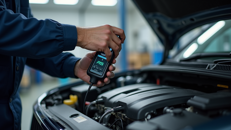 Eye-level view of a mechanic using a diagnostic tool on a car