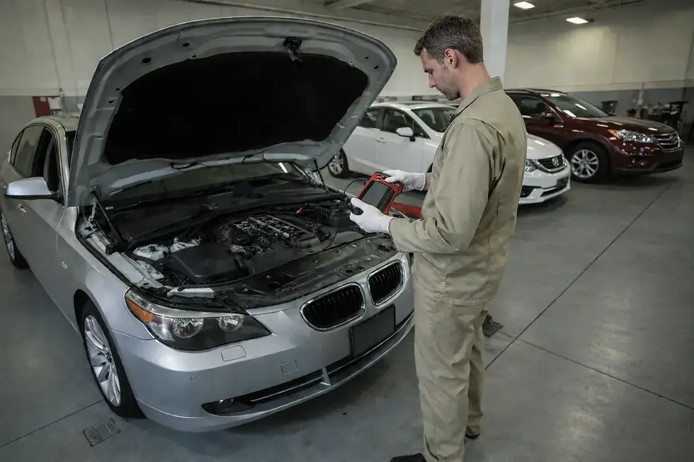 Check Engine Diagnostic on a silver BMW, technician standing beside the car using an electronic scan tool with hood open.