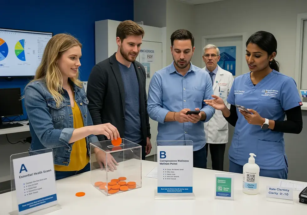 Visitors vote with tokens between Essential Health Screen and Comprehensive Wellness Panel at Growth Path Labs.