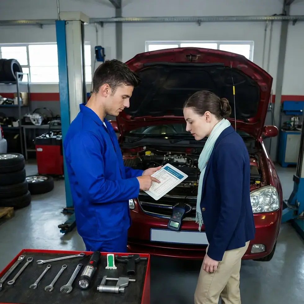 Pre-Purchase Vehicle Inspection with mechanic reviewing inspection checklist with customer
