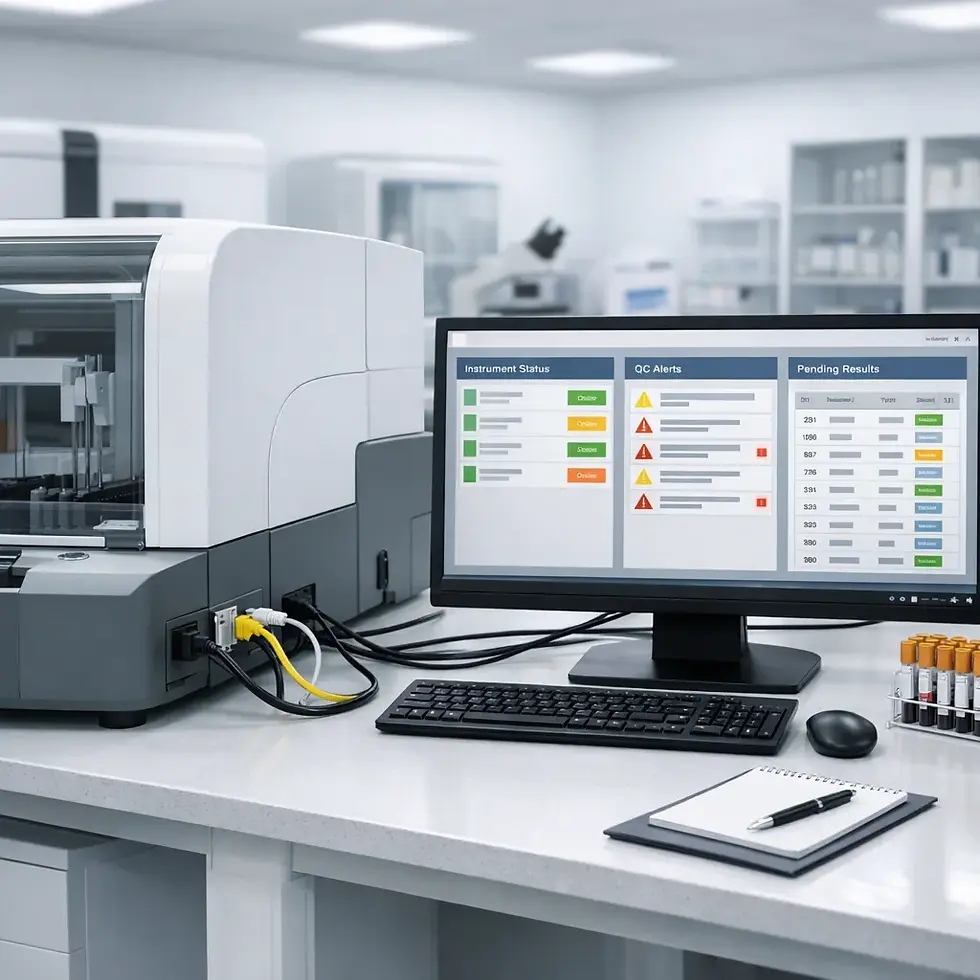 Laboratory information system software monitoring instrument status, QC alerts, and pending results on analyzer workstation