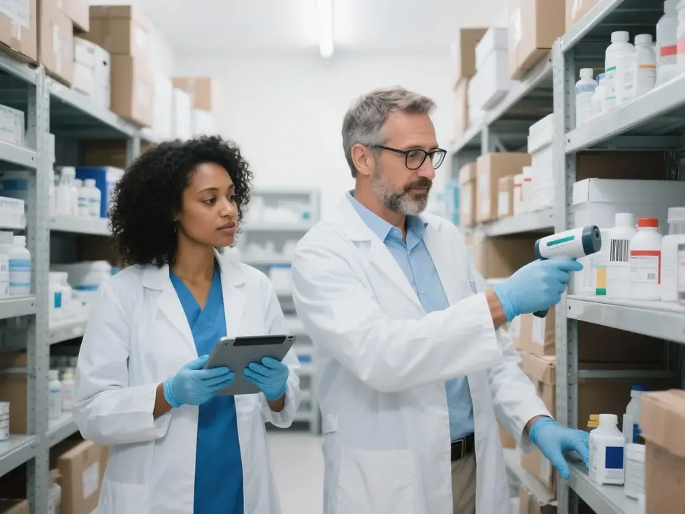 Lab operations management — inventory control: pharmacist scans barcoded reagents while assistant logs counts on a tablet.