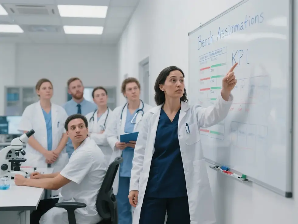 Lab operations management — KPI tracking: supervisor presents bench metrics and utilization targets to the lab team.