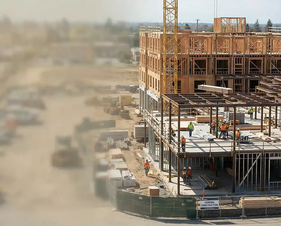 H2M Power Construction general construction project in progress with crews, cranes, and st