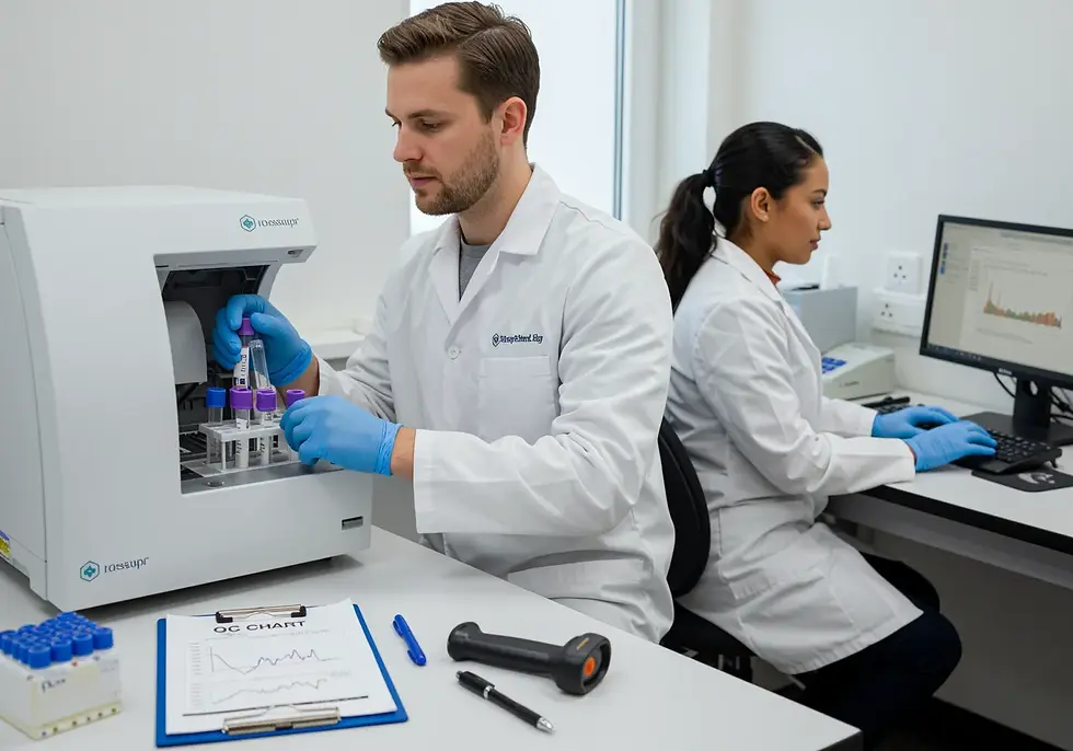 technologist loading samples for QC on an analyzer as another reviews validation data at a computer.