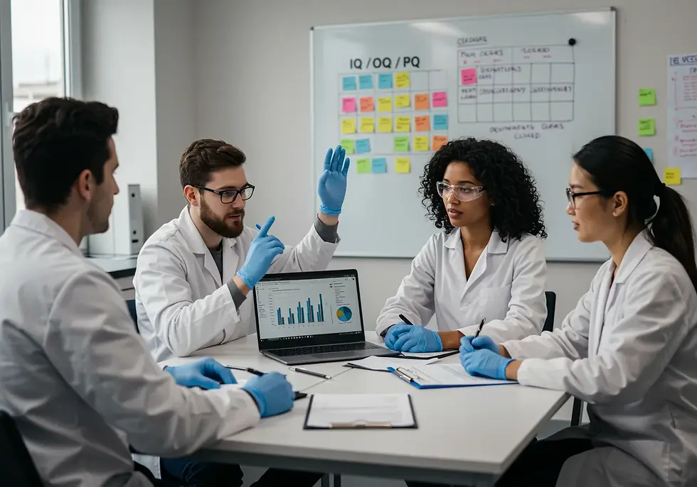 Lab team meeting around a laptop reviewing IQ OQ PQ charts for test validation.
