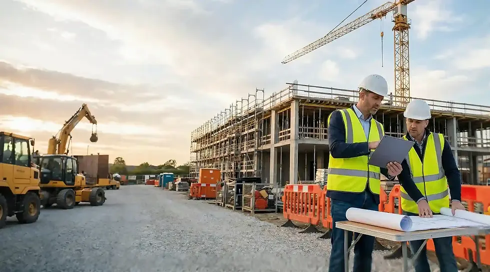 H2M Power Construction project management team reviewing blueprints and progress on site d