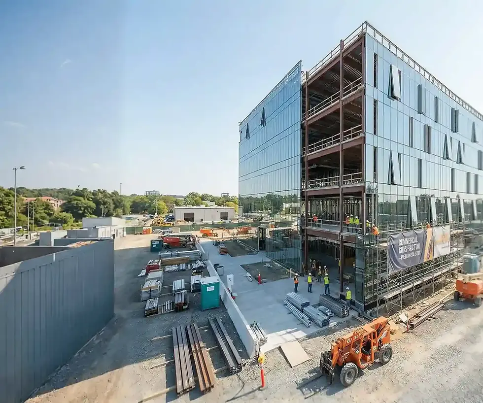 H2M Power Construction commercial construction project with active site crew and modern fa