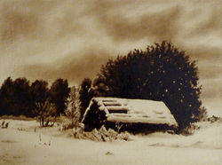 Заснеженная избушка, холст на оргалите, нефть, 30х40.