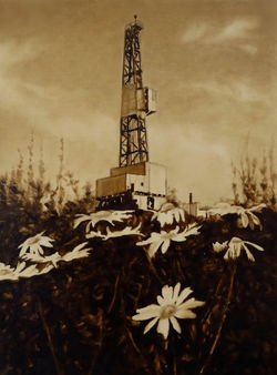 Ромашки на буровой, холст, нефть, 30х40