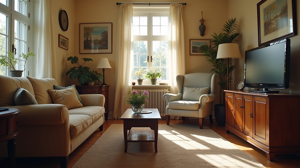 Eye-level view of a cozy living room with vintage furniture