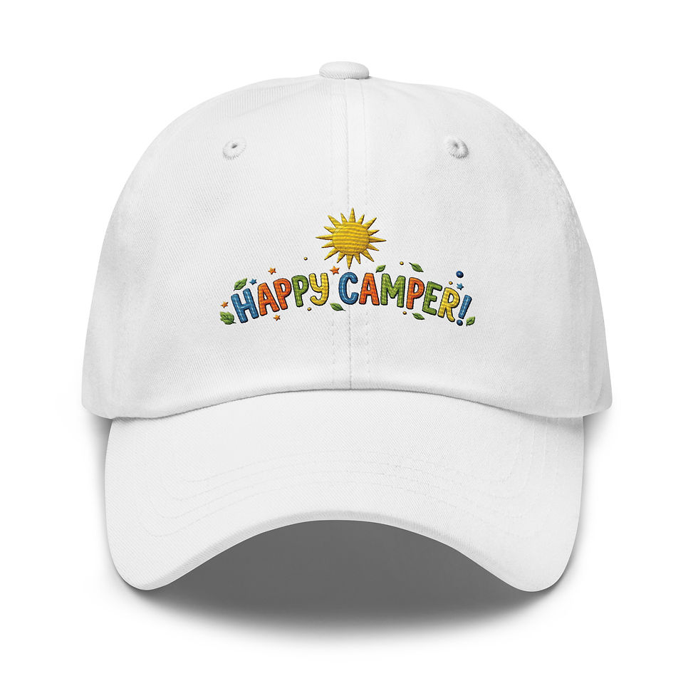 Thumbnail: Front view of White Happy Camper Cotton baseball cap.