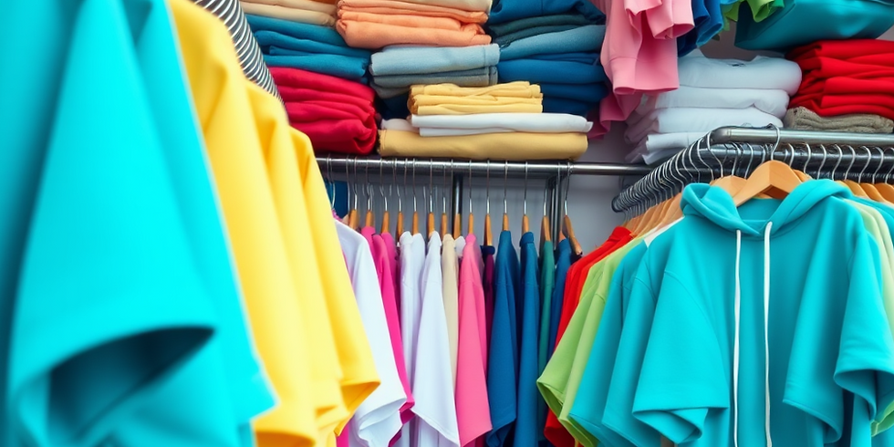 Brightly coloured T-Shirts and Hoodies hanging on racks