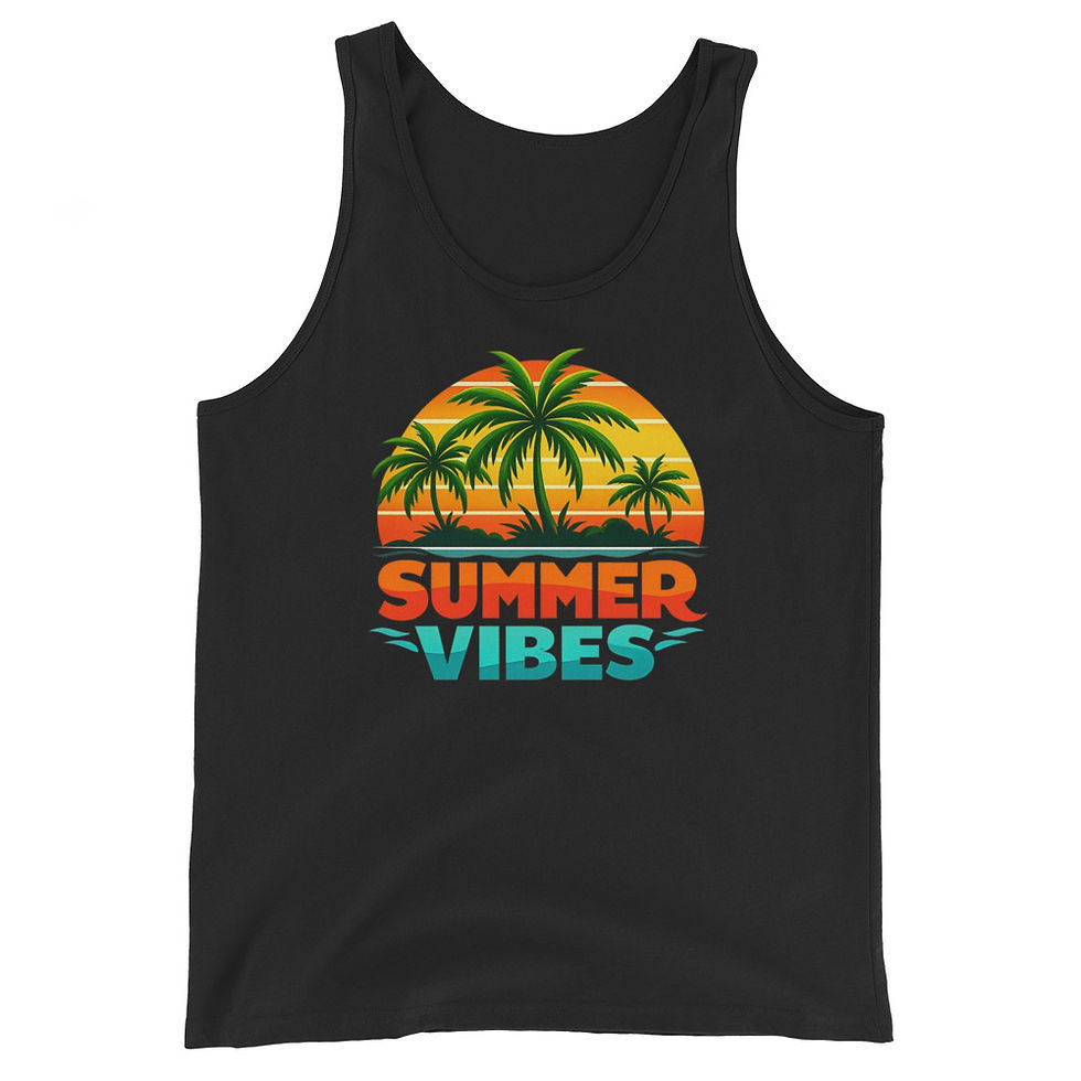 Front view of Black Summer Vibes unisex tank top with a beach-inspired design.