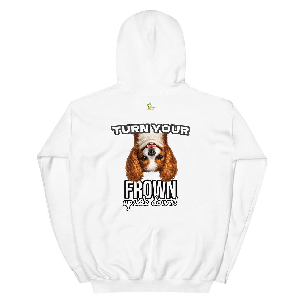 Thumbnail: Rear view of White unisex hoodie featuring an upside-down smiling Cavalier King Charles Spaniel illustration with the phrase Turn Your Frown Upside Down.
