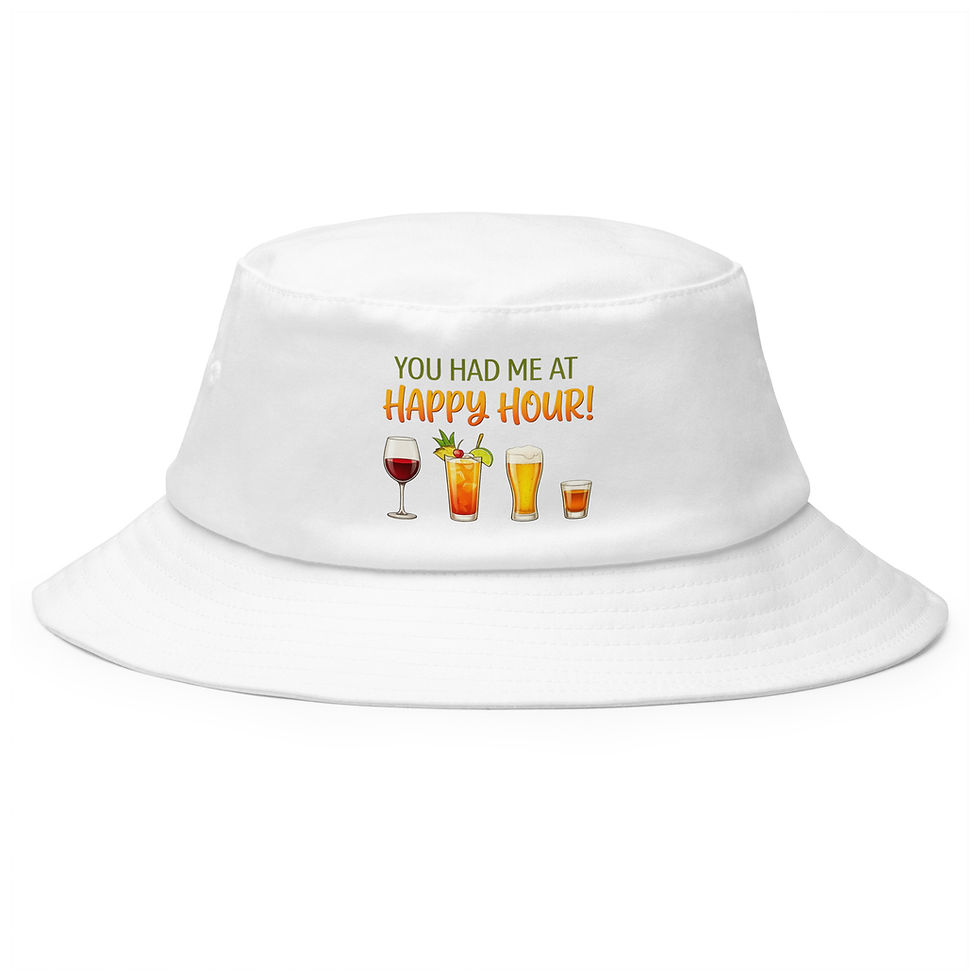 Thumbnail: Front view of White You Had Me At Happy Hour Old School bucket hat.
