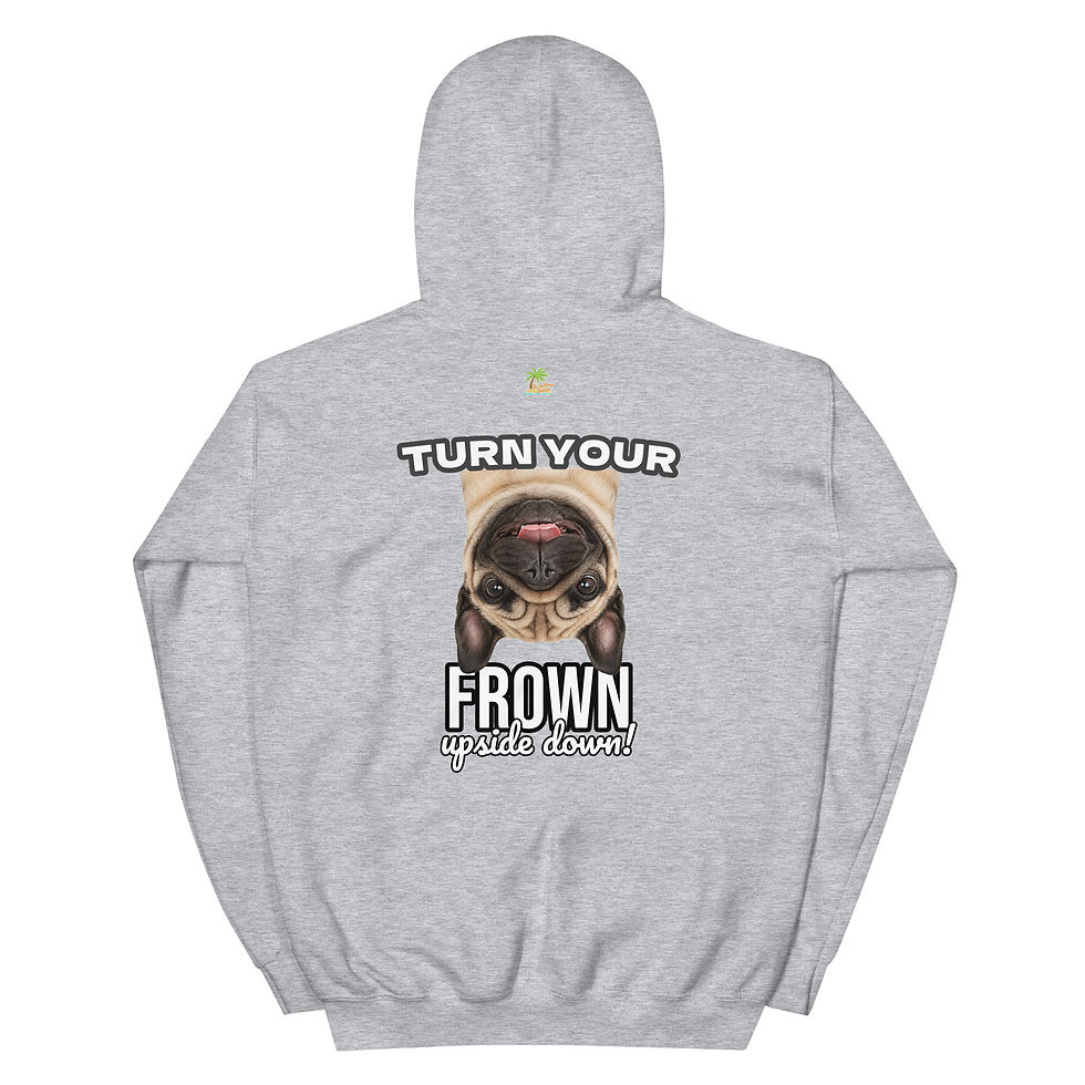 Thumbnail: Rear view of Grey unisex hoodie featuring an upside-down smiling Pug illustration with the phrase Turn Your Frown Upside Down.