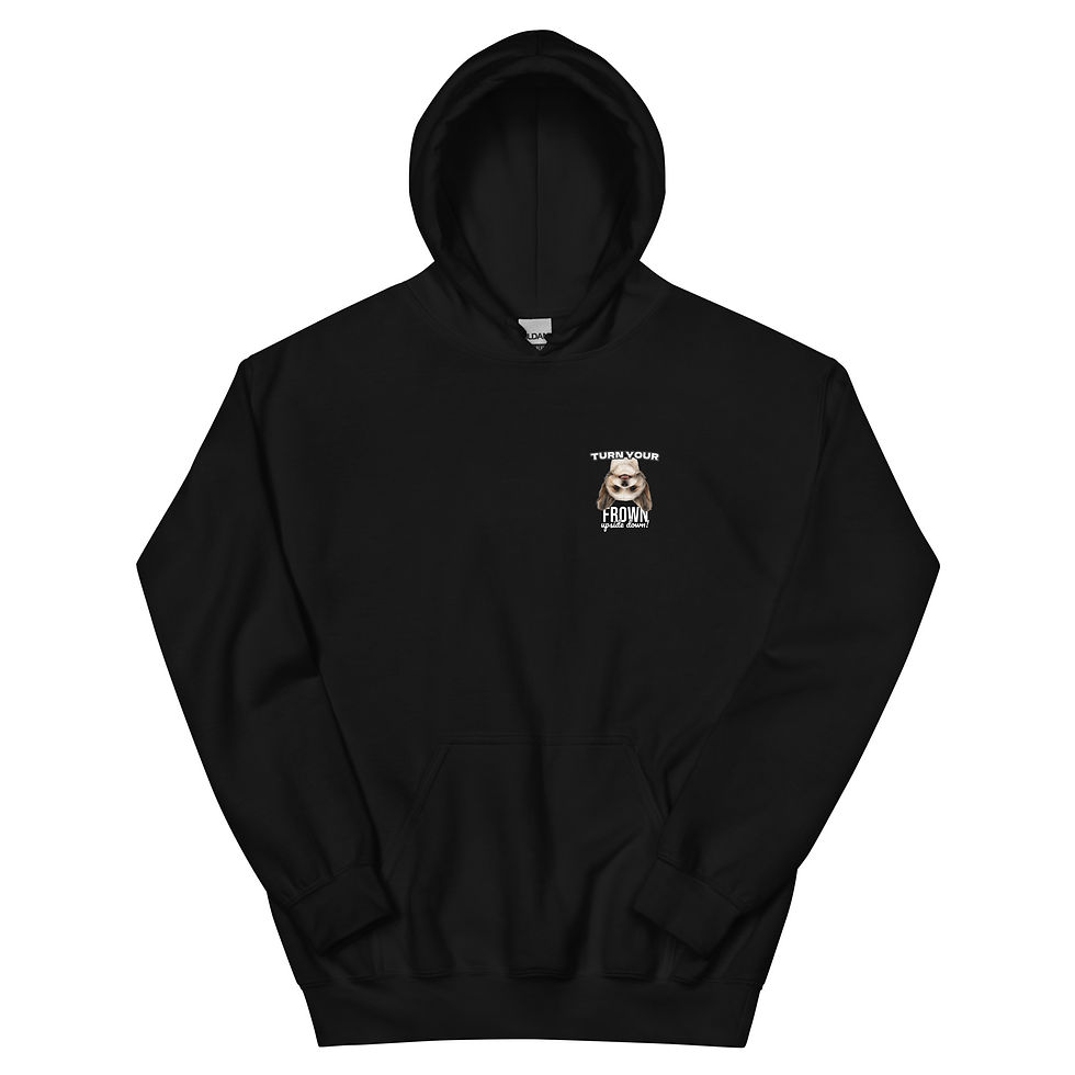 Front view of Black unisex hoodie featuring an upside-down smiling Shih Tzu illustration with the phrase Turn Your Frown Upside Down.