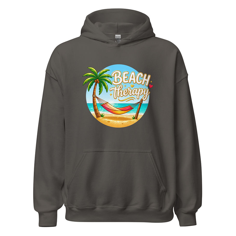 Thumbnail: Front view of Grey Beach Therapy unisex hoodie with a beach-inspired design.
