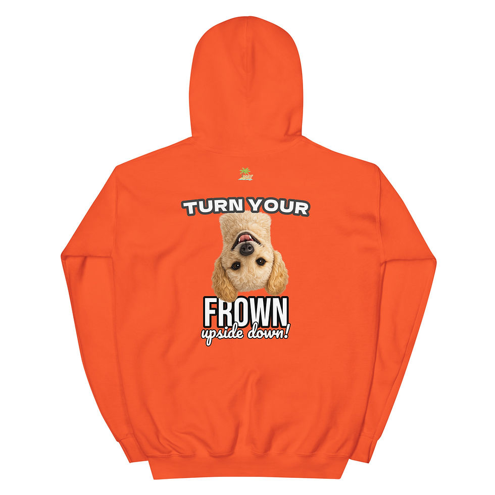 Thumbnail: Rear view of Orange unisex hoodie featuring an upside-down smiling Cockapoo illustration with the phrase Turn Your Frown Upside Down.