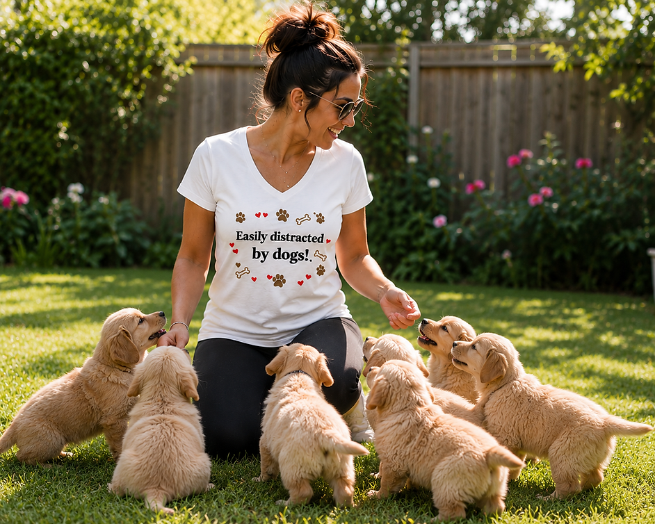 Woman in sunglasses kneels on a sunny lawn, surrounded by golden puppies, wearing a shirt that says Easily distracted by dogs!