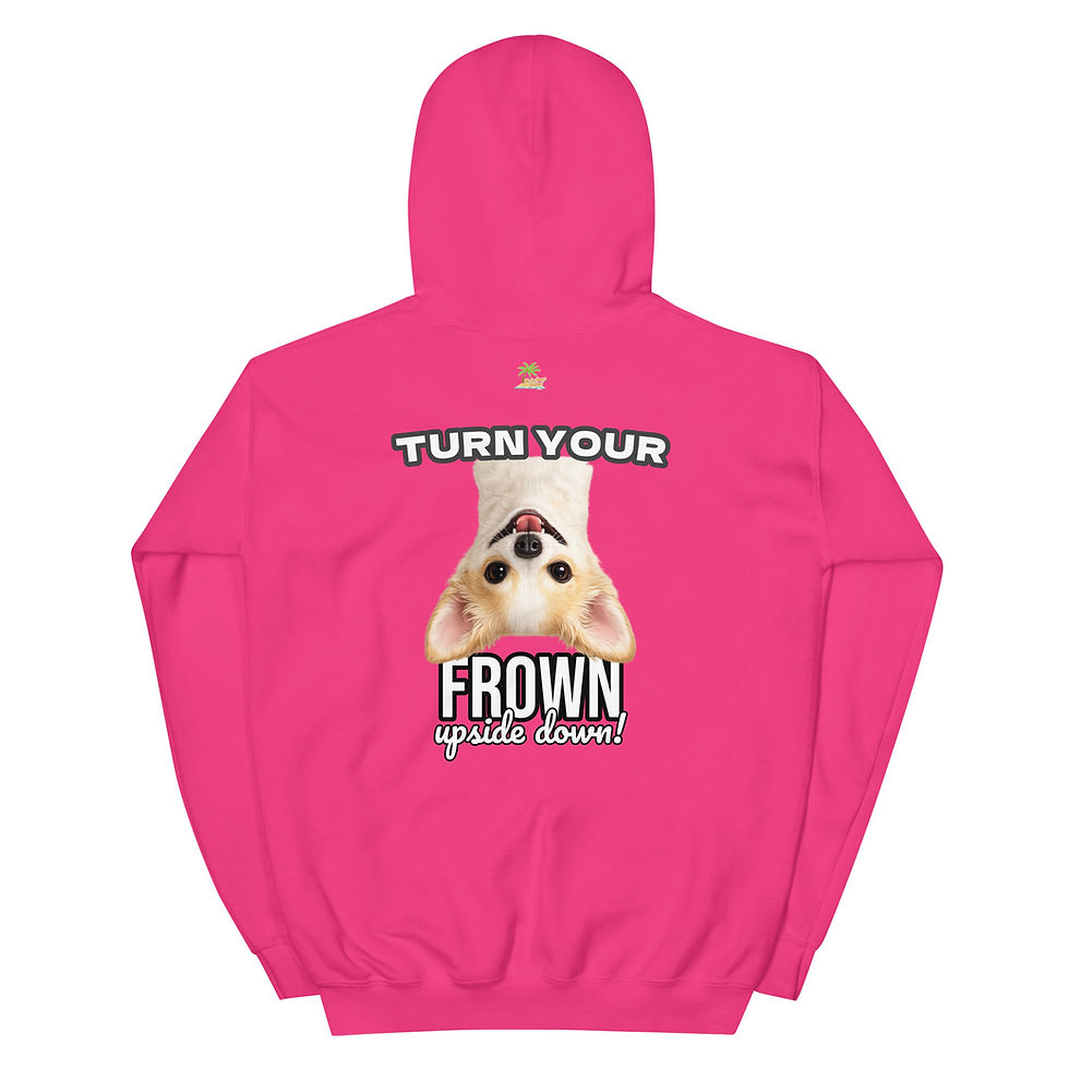Thumbnail: Rear view of Pink unisex hoodie featuring an upside-down smiling Chihuahua illustration with the phrase Turn Your Frown Upside Down.