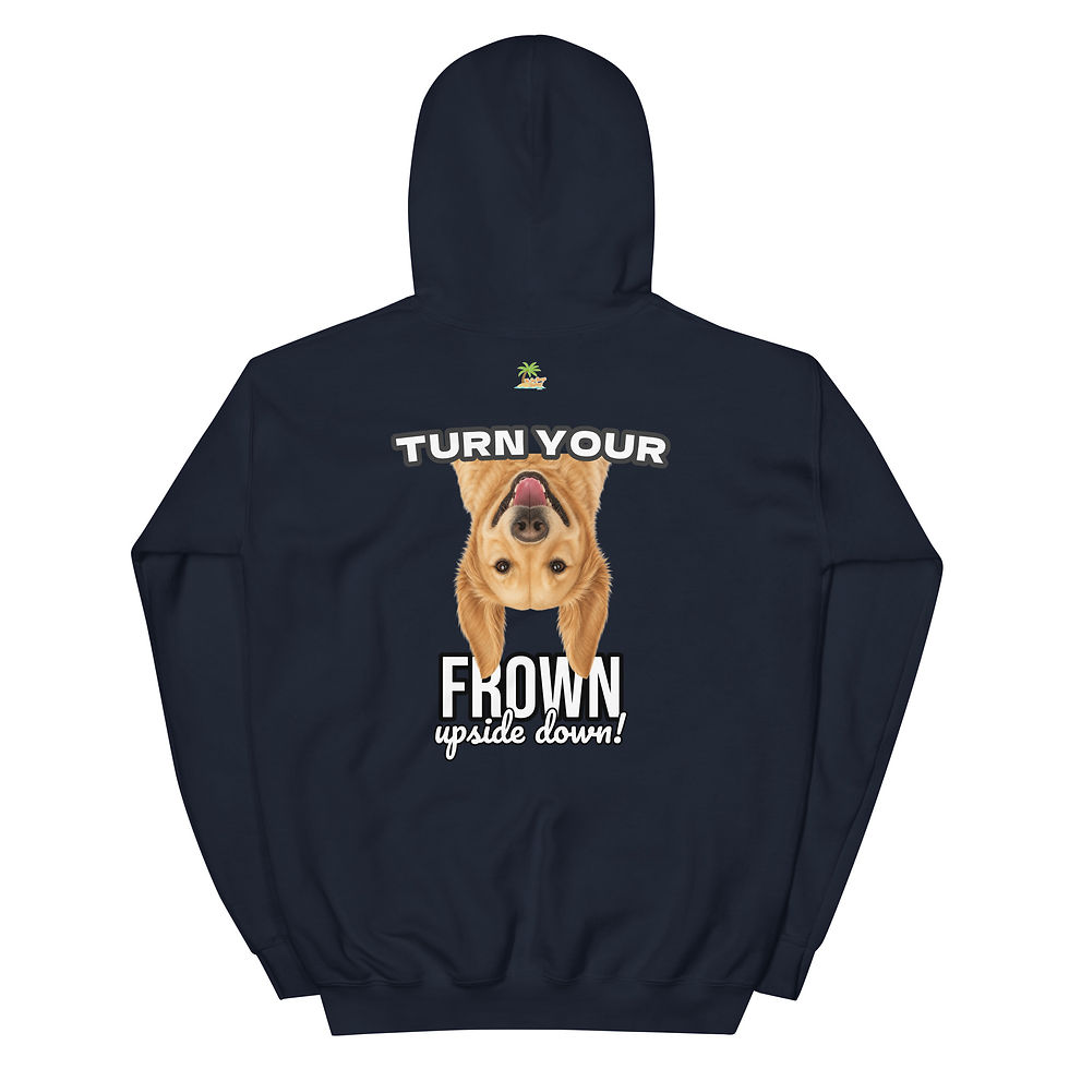 Thumbnail: Rear view of Blue unisex hoodie featuring an upside-down smiling Golden Retriever illustration with the phrase Turn Your Frown Upside Down.