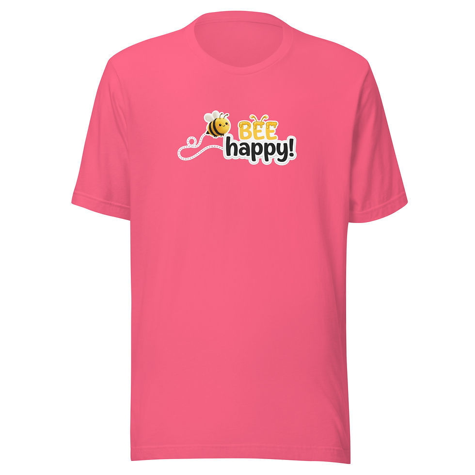 Thumbnail: Front view of Pink Bee Happy unisex round-neck t-shirt.