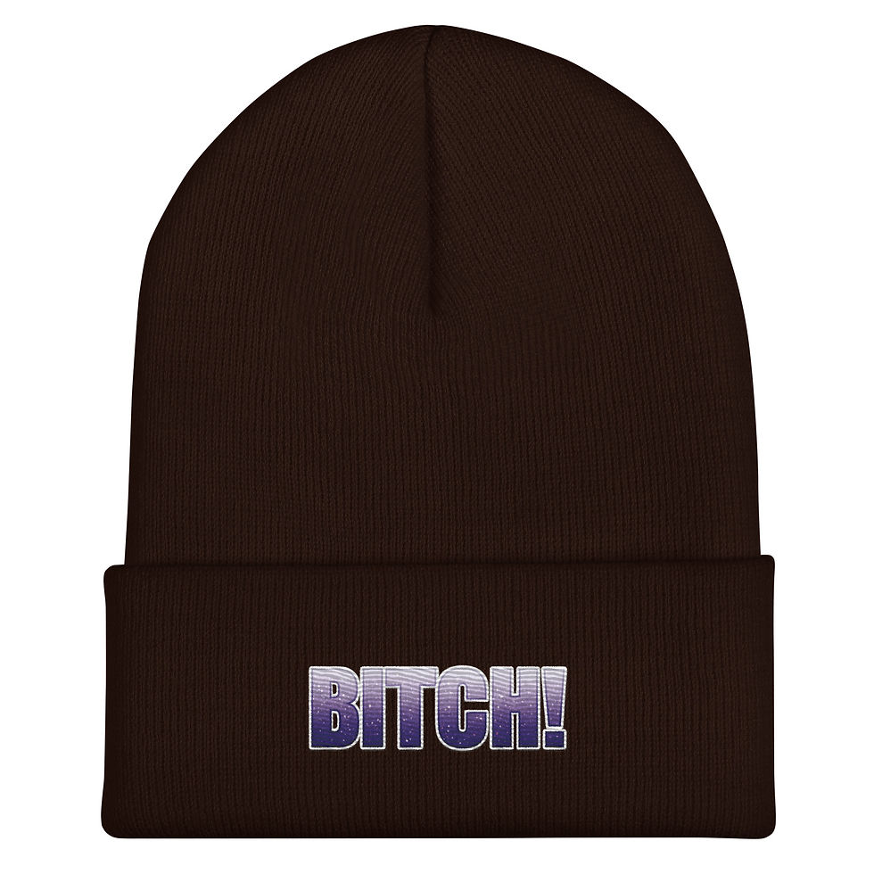 Thumbnail: Front view of Brown BITCH! Cuffed beanie hat.
