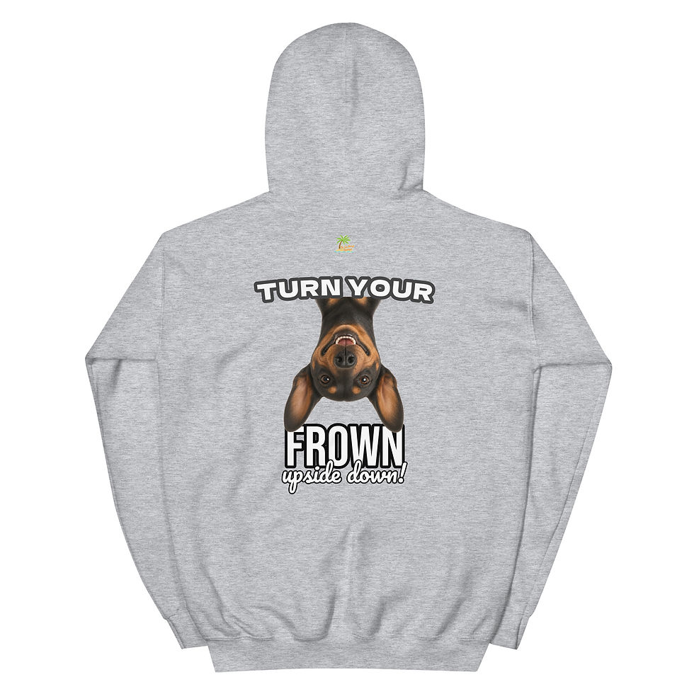 Thumbnail: Rear view of Grey unisex hoodie featuring an upside-down smiling Dachshund illustration with the phrase Turn Your Frown Upside Down.