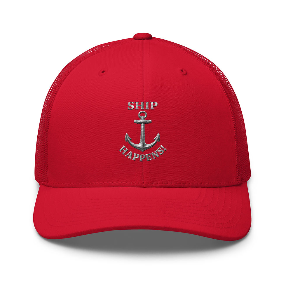 Front view of Red Ship Happens Curved (Mesh Back) baseball cap.