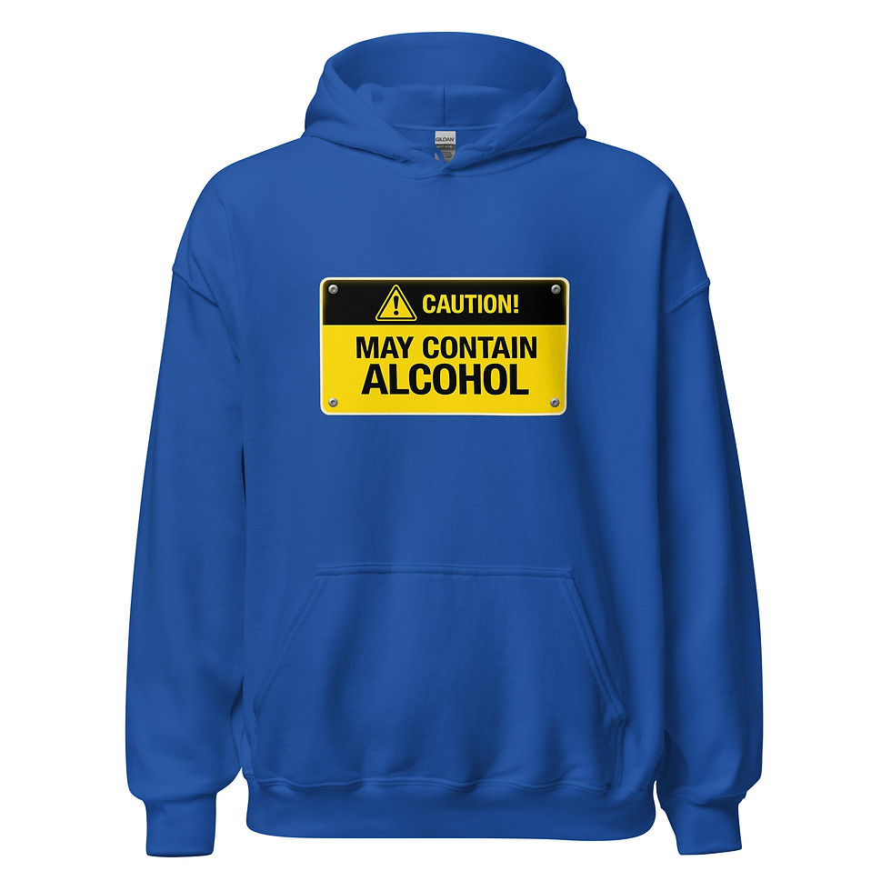 Thumbnail: Front view of Blue Caution May Contain Alcohol unisex hoodie.
