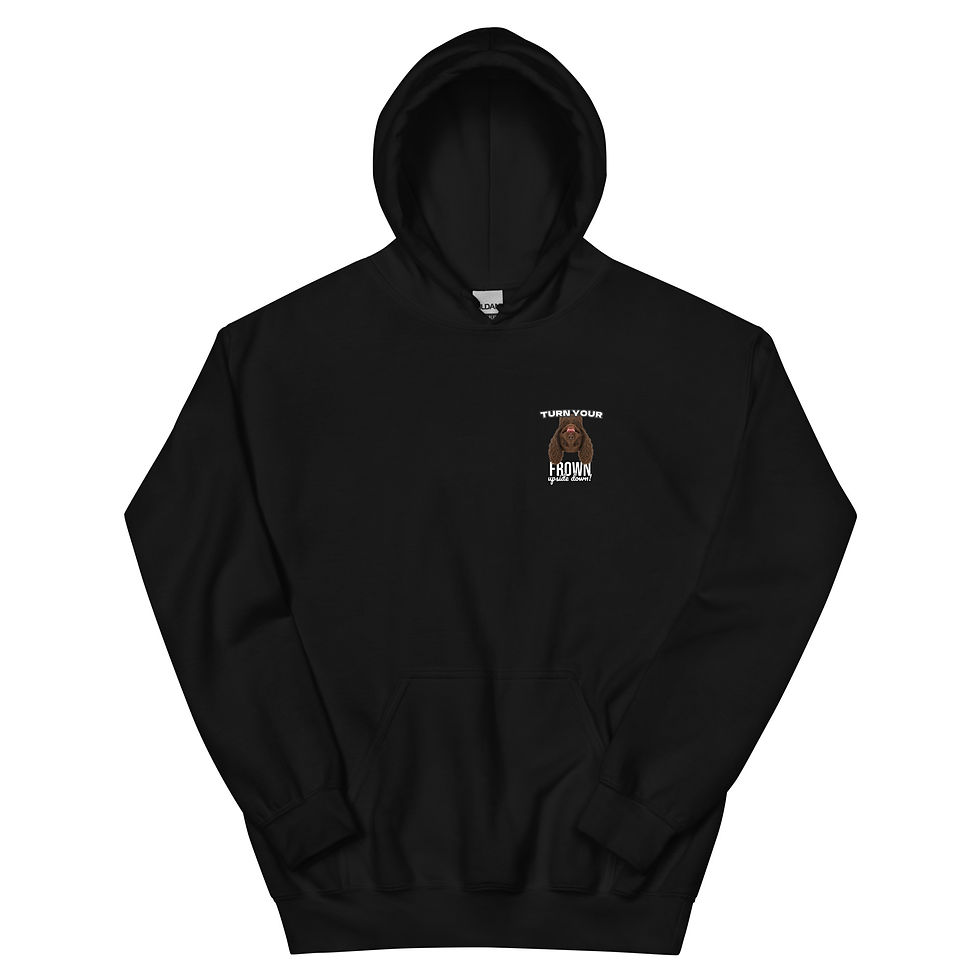 Front view of Black unisex hoodie featuring an upside-down smiling Springer Spaniel illustration with the phrase Turn Your Frown Upside Down.