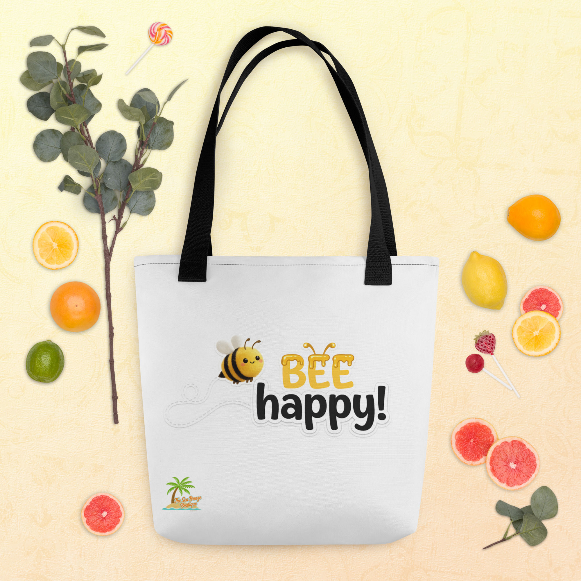 Front view of Black Bee Happy cotton tote bag.