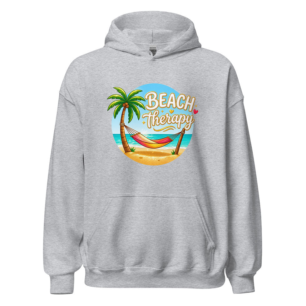 Thumbnail: Front view of Grey Beach Therapy unisex hoodie with a beach-inspired design.