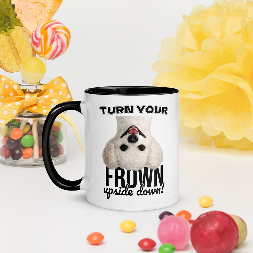 Black ceramic mug featuring an upside-down smiling Bichon illustration with the phrase Turn Your Frown Upside Down.