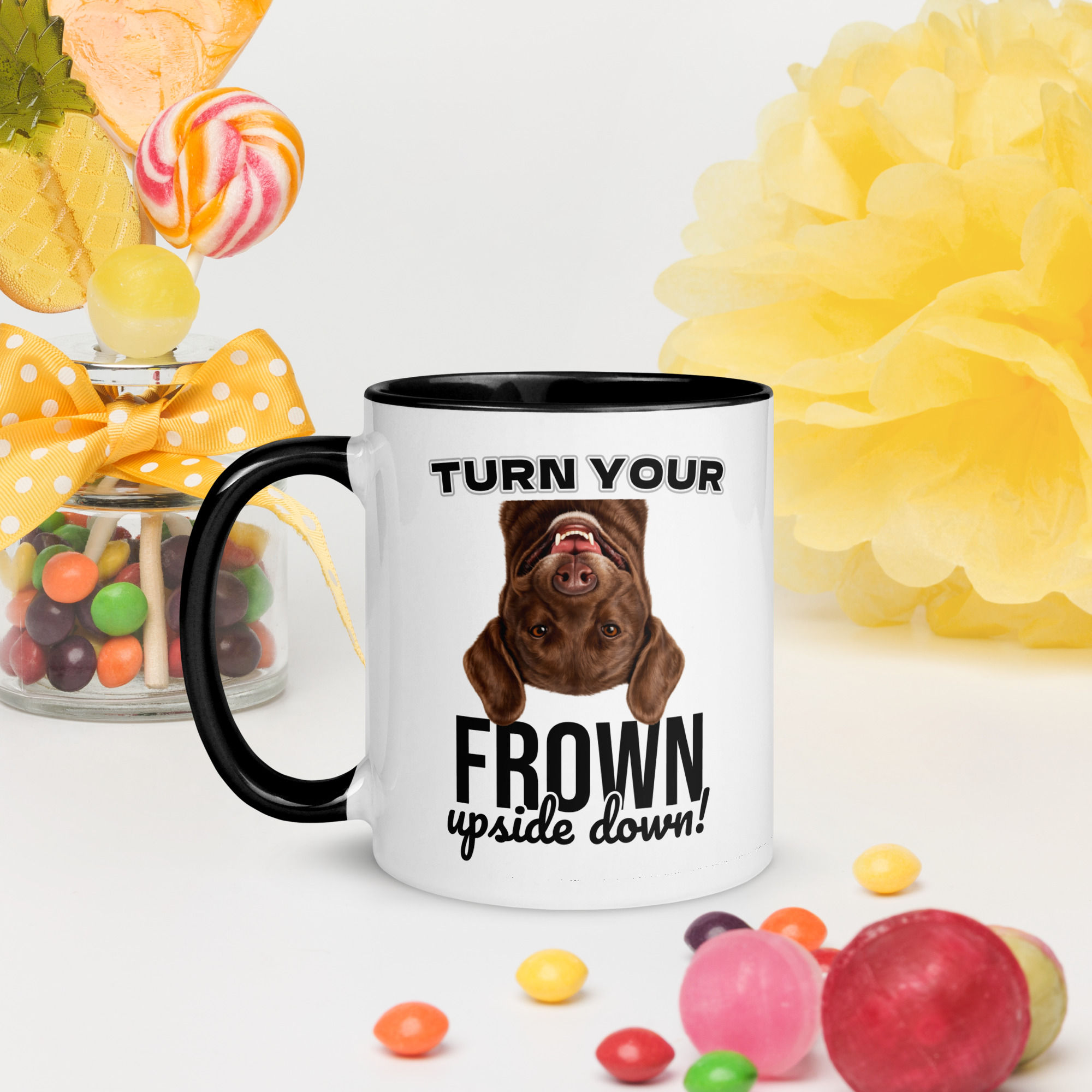 Brown Retriever Dog Turn Your Frown Upside Down! Mug with Colour Inside