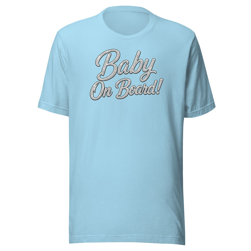 Thumbnail: Front view of Ocean Blue Baby On Board unisex round-neck t-shirt.